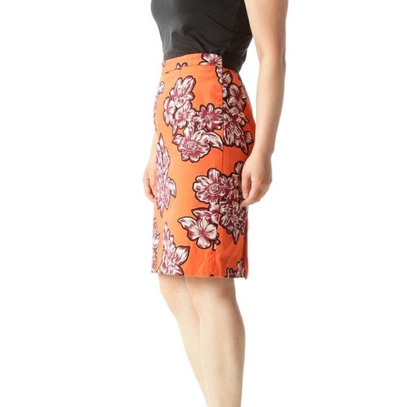 Maeve Orange Burgundy White Floral Print Textured A-Line Skirt - Picture 2 of 3